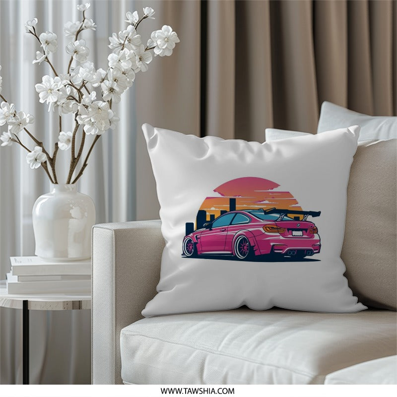 Pink Race Car Pillow, Retro Sunset Cityscape Throw Pillow, Sportscar Gift, Car Enthusiast Decor, Automotive Art Pillow - Tawshia