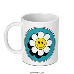 Retro Smiley Daisy Mug, 70s Flower Power, Groovy Aesthetic, Cute Happy Mug, Trendy Gift Idea - Tawshia