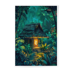 Jungle Hut Photographic Print, Tropical Forest Art, Exotic Home Decor, Lush Foliage Illustration, Cabin in Rainforest, Nature Wall Art - Tawshia