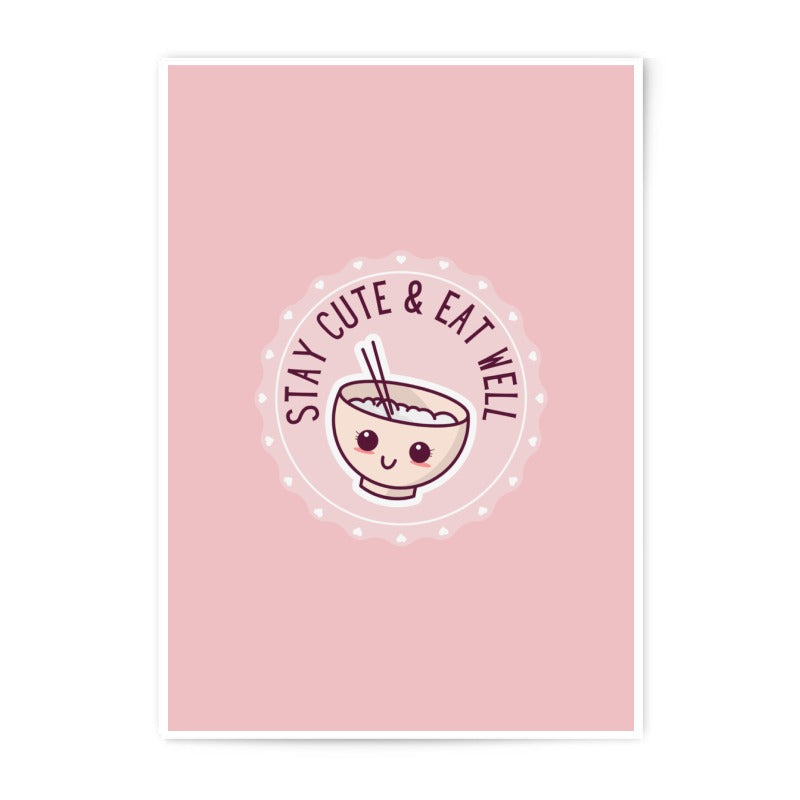 Cute Foodie Photographic Print, Kawaii Ramen Art, Stay Cute Eat Well Poster, Pink Kitchen Decor, Asian Food Illustration Prints - Tawshia