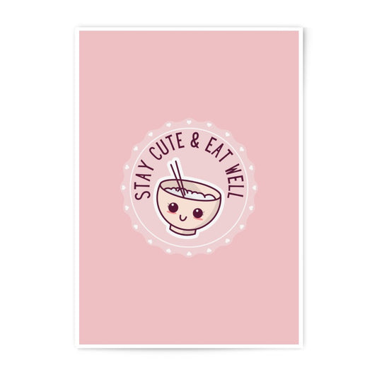 Cute Foodie Photographic Print, Kawaii Ramen Art, Stay Cute Eat Well Poster, Pink Kitchen Decor, Asian Food Illustration Prints - Tawshia