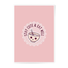 Cute Foodie Photographic Print, Kawaii Ramen Art, Stay Cute Eat Well Poster, Pink Kitchen Decor, Asian Food Illustration Prints - Tawshia