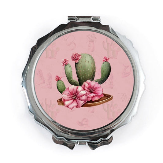 Cactus Flower Pocket Mirror, Pink Floral Design, Portable Makeup Mirror, Southwestern Style, Travel Mirror, Cute Compact Mirror - Tawshia