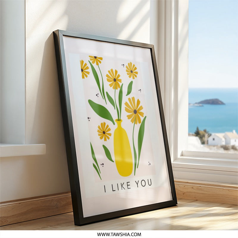 Yellow Daisy Wall Art, I Like You Print, Floral Wall Decor, Minimalist Flower Art, Cute Home Decor, Positive Affirmation Art - Tawshia