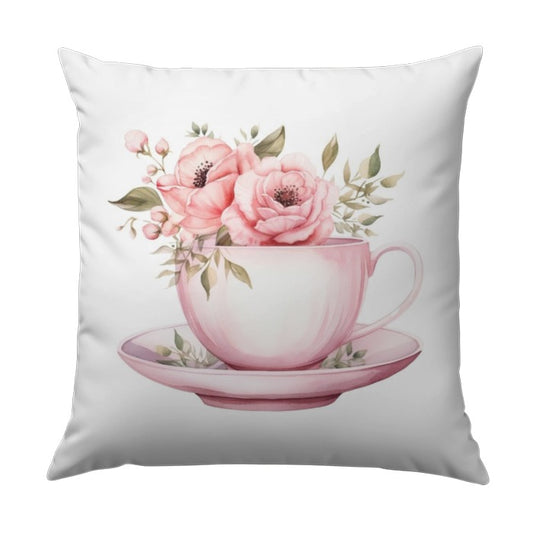 Floral Teacup Pillow, Pink Flower Pillow, Watercolor Pillow, Teacup Decor, Flower Accent Pillow, Floral Throw Pillow - Tawshia