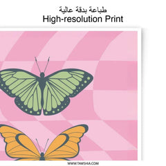 Butterfly Photographic Print, Pink Checkered Art, Colorful Butterflies, Home Decor, Trendy Wall Art, Girl Room Art - Tawshia