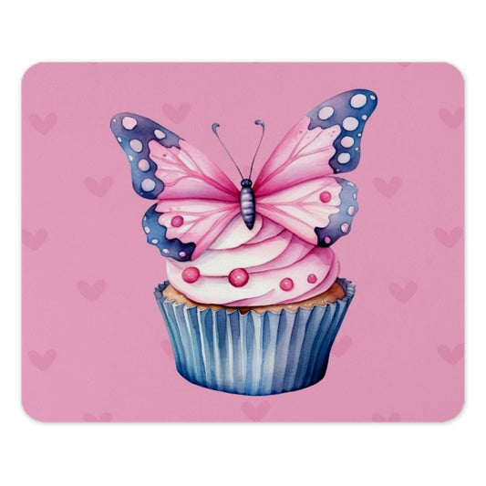 Butterfly Cupcake MousePad, Pink Hearts Desk Accessory, Cute Girly Office Decor, Sweet Treat Gift Idea, Whimsical Mouse Pad - Tawshia