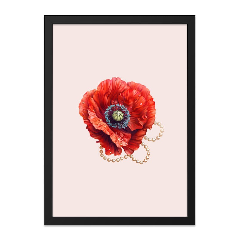 Red Poppy Wall Art, Floral Wall Decor, Pearl Jewelry Print, Elegant Home Decor, Botanical Art Print, Feminine Art, Flower Wall Art - Tawshia