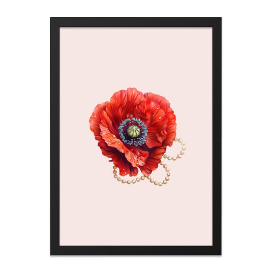 Red Poppy Wall Art, Floral Wall Decor, Pearl Jewelry Print, Elegant Home Decor, Botanical Art Print, Feminine Art, Flower Wall Art - Tawshia