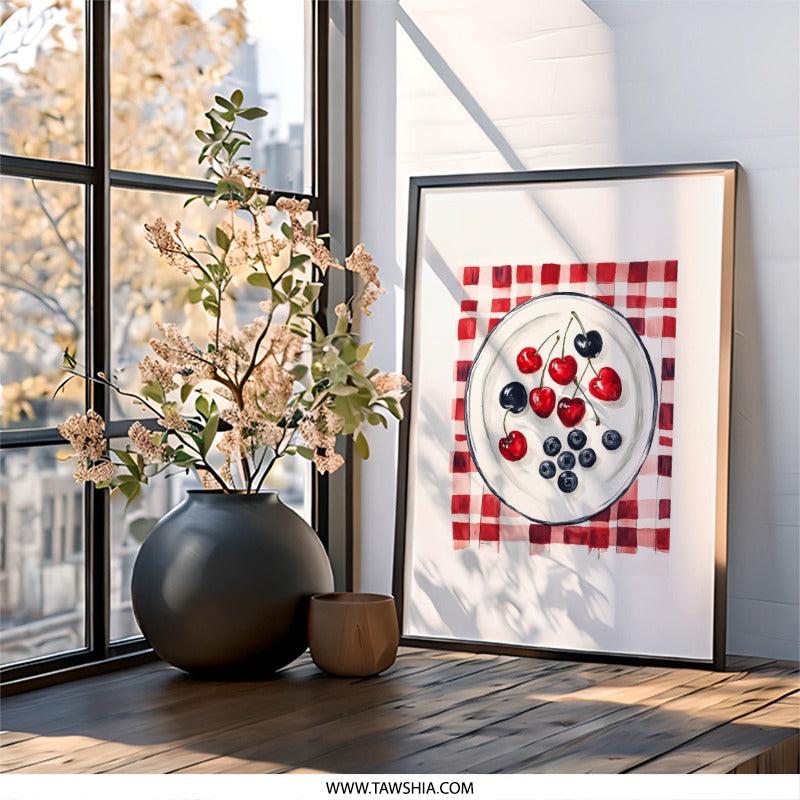 Cherry Blueberry Wall Art, Kitchen Wall Decor, Fruit Still Life, Red Plaid Print, Summer Wall Art, Home Decor, Modern Wall Decor - Tawshia