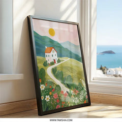 Country Home Wall Art, Mountain View Print, Floral Landscape Decor, Farmhouse Wall Decor, House Painting Artwork - Tawshia