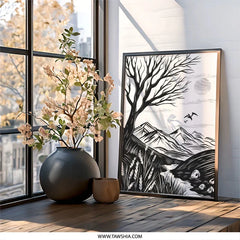 Black and White Landscape Wall Art, Mountain Scenery Print, Nature Artwork, Minimalist Decor, Tree and Birds, Framed Art Print, Wall Decor - Tawshia