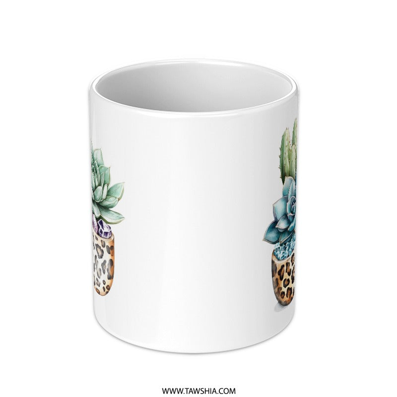 Succulent Mug, Leopard Print, Cactus Lover Gift, Plant Mom Gift, Cute Coffee Mug, Tea Cup, Succulent Lover, Houseplant Gifts, Boho Mug - Tawshia