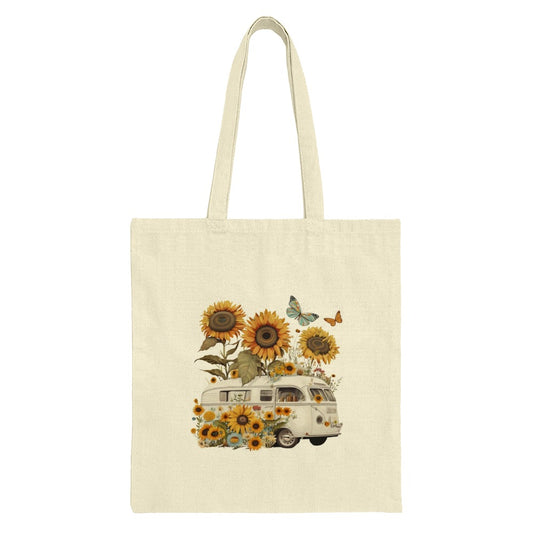 Sunflower Van Tote Bag, Butterflies Tote, Floral VW Camper Van, Boho Style Bag, Hippie Aesthetic, Nature Lover Gift, Unique Tote Design - Tawshia