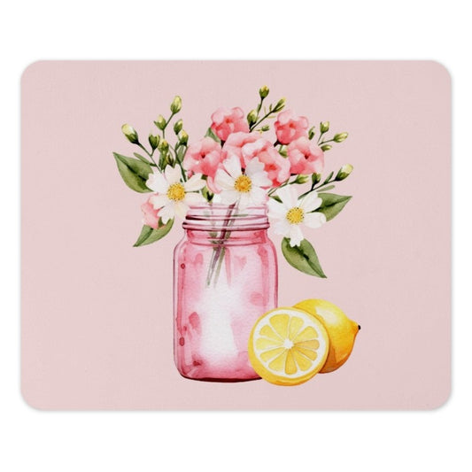 Pink Mason Jar Floral Mouse Pad, Lemon Watercolor Art Mousepad, Cute Desk Decor, Unique Mouse Pad Gift Idea, Computer Accessories - Tawshia