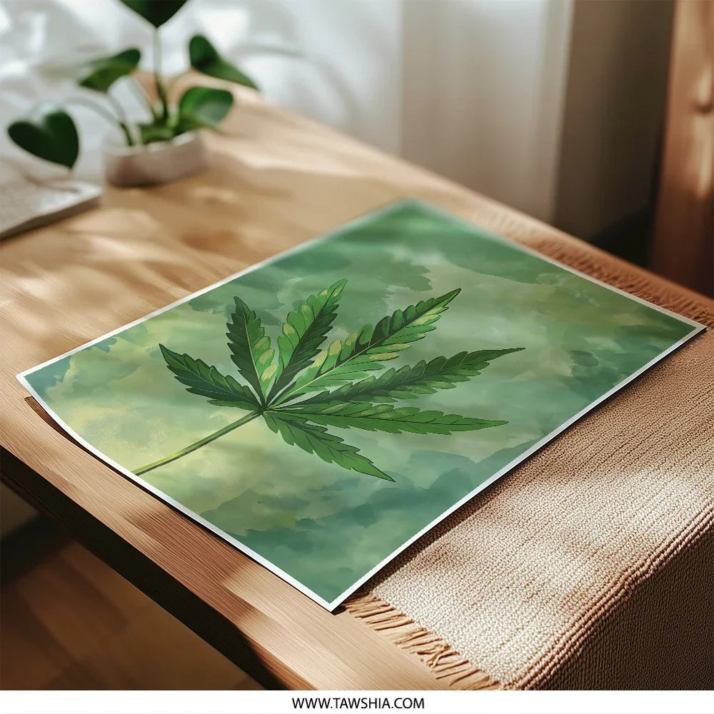 Cannabis Photographic Print, Watercolor Marijuana Leaf Art Print, Green Botanical Wall Decor, Weed Plant Poster, Herbal Art Prints - Tawshia