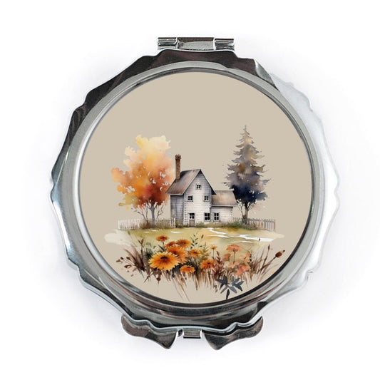 Watercolor House Pocket Mirror, Autumn Landscape Makeup Mirror, Cottagecore Aesthetic, Compact Mirror, Travel Mirror - Tawshia