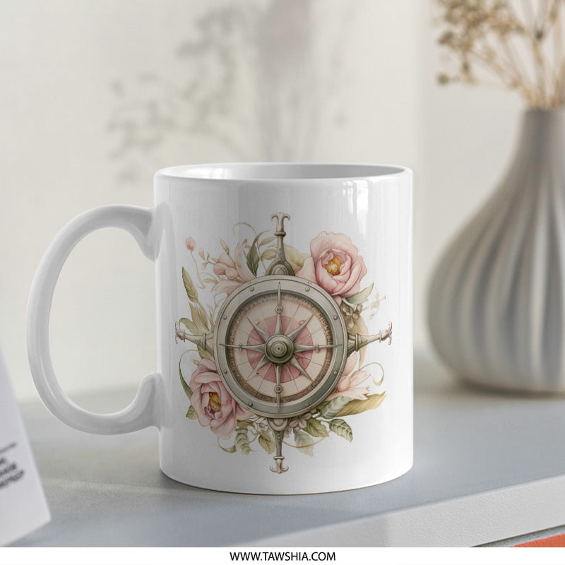 Compass Rose Mug, Floral Nautical Mug, Travel Lover Gift, Vintage Style Mug, Adventure Mug, Rose Compass Coffee Cup, Wanderlust Mug - Tawshia