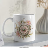 Compass Rose Mug, Floral Nautical Mug, Travel Lover Gift, Vintage Style Mug, Adventure Mug, Rose Compass Coffee Cup, Wanderlust Mug - Tawshia