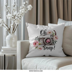 Oh Snap Camera Pillow, Floral Photography Pillow, Cute Camera Decor, Photographer Gift Idea, Unique Home Decor Throw Pillow - Tawshia