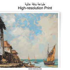 Coastal Village Photographic Print, Oil Painting Style, Boat Scene Print, Seaside Wall Art, Home Decor Print, Coastal Art Print - Tawshia