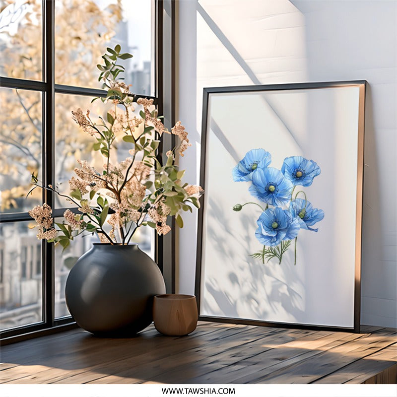 Blue Poppy Framed Wall Art, Floral Home Decor, Botanical Art Print, Flower Wall Hanging, Modern Wall Decor, Gift for Her, Nature Inspired - Tawshia