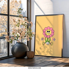 Groovy Flower Wall Art, Retro Cartoon Art Print, Cute Flower Power Decor, Y2K Aesthetic Room Decor, Funky Trendy Wall Decor - Tawshia