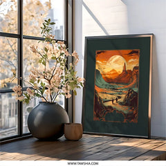 Fantasy Landscape Wall Art, Orange Sunset Print, Adventure Artwork, Framed Nature Scenery, Home Decor, Unique Gift Idea - Tawshia