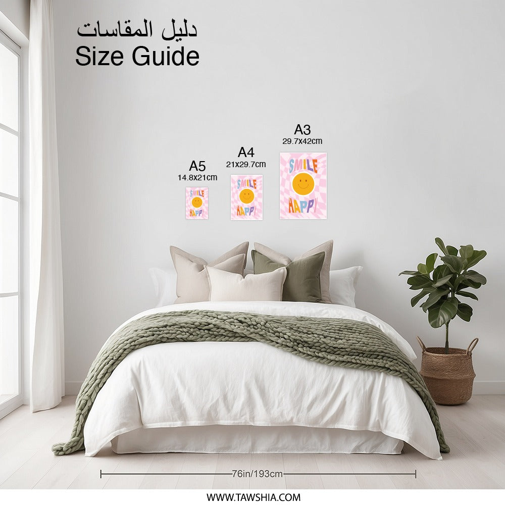 Smile Happy Photographic Print, Retro Smiley Face Art, Pink Checkered Decor, Positive Vibes Wall Art, Trendy Home Decor, Funky Print - Tawshia