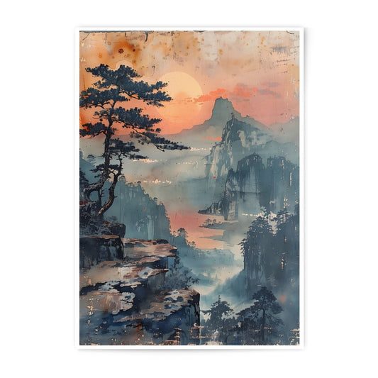 Zen Mountain Photographic Print, Japanese Art, Asian Landscape, Pine Tree Art, Sunset Artwork, Wall Decor, Fine Art Print - Tawshia