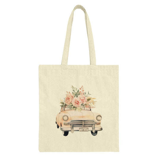 Floral Car Tote Bag, Vintage Vehicle Art, Aesthetic Canvas Bag, Cute Handbag, Gift for Her, Shopping Tote - Tawshia
