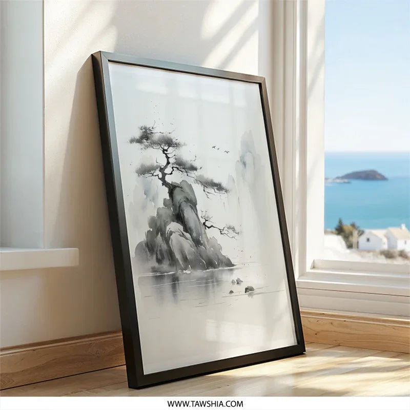 Ink Wash Landscape Wall Art, Japanese Painting Print, Minimalist Art, Sumi-e Artwork, Oriental Decor, Asian Wall Decor, Zen Art Print - Tawshia