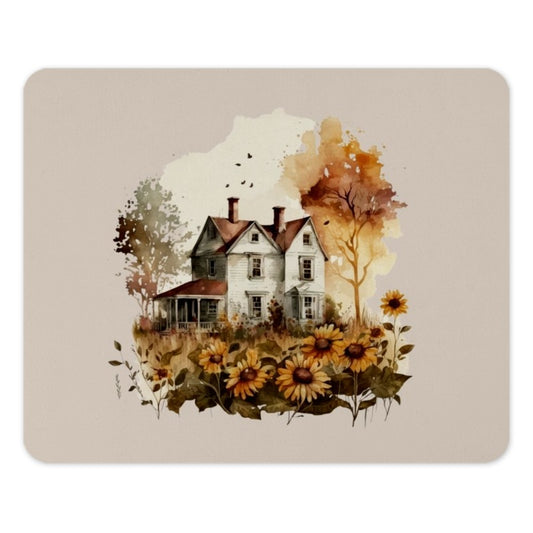 Sunflower House Mouse Pad, Watercolor Farmhouse Art, Cottagecore Decor, Aesthetic Desk Accessory, Floral Mousepad, Nature Lover Gift - Tawshia