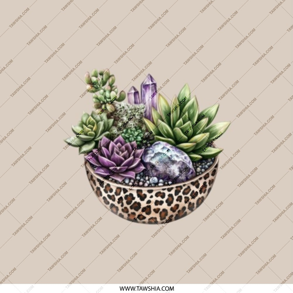 Succulent Crystal Pocket Mirror, Leopard Print Bowl, Boho Makeup Mirror, Compact Mirror for Purse, Plant Lover Gift, Portable Mirror - Tawshia