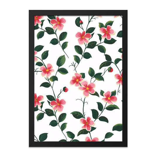 Pink Floral Pattern Wall Art, Botanical Print, Flower Artwork, Ladybug Accent, Nature Inspired Decor, Floral Home Decor - Tawshia