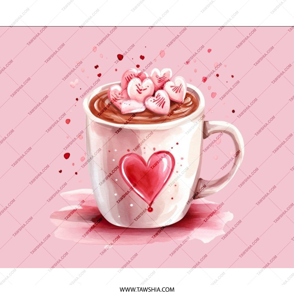 Heart Mug Mouse Pad, Valentines Day, Hot Chocolate Art, Love Decor, Cute Valentines Gift, Heart Marshmallows, Pink Watercolor Mousepad - Tawshia