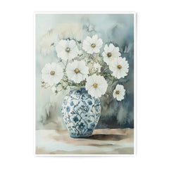 White Cosmos Flowers Photographic Print, Blue Vase Art, Botanical Wall Decor, Floral Home Decor, Still Life Art Print, Cosmos Flower Print - Tawshia
