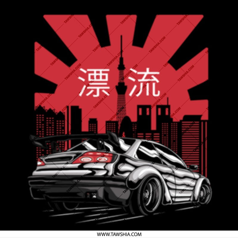 Japanese skyline with modified car and text T-shirt product