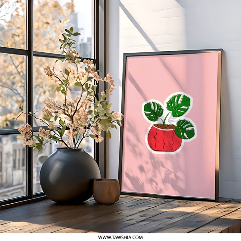 Monstera Plant Framed Art, Tropical Wall Decor, Potted Plant Art Print, Botanical Illustration, Modern Home Decor, Housewarming Gift - Tawshia