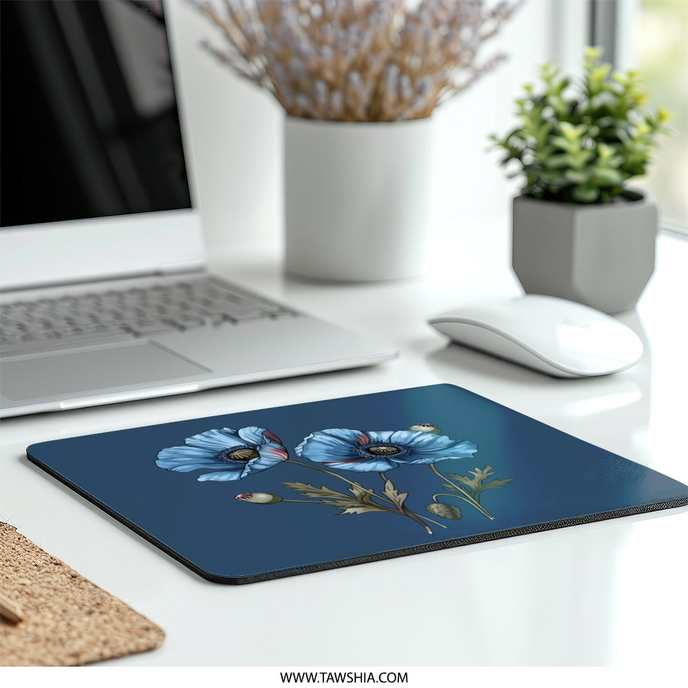 Blue Poppy Mouse Pad, Floral Office Decor, Flower Desk Mat, Botanical Computer Accessory, Stylish Workspace, Trendy Mousepad - Tawshia