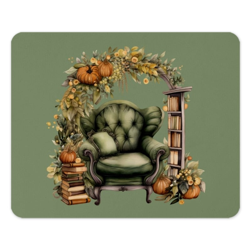 Green Armchair Mouse Pad, Fall Home Decor, Pumpkin Art Desk Mat, Cozy Library Mousepad, Aesthetic Desk Accessories, Book Lover Gift - Tawshia