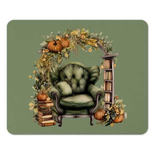 Green Armchair Mouse Pad, Fall Home Decor, Pumpkin Art Desk Mat, Cozy Library Mousepad, Aesthetic Desk Accessories, Book Lover Gift - Tawshia
