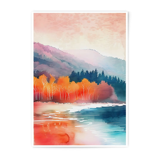 Watercolor Lake Photographic Print, Mountain Landscape Art, Nature Wall Decor, Forest Reflection, Serene Home Decor, Colorful Artwork - Tawshia