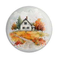 Watercolor House Pinback Button, Country Home Button, Autumn Landscape Button, Rustic House Pin, Cozy Home Art, Farmhouse Chic Badge - Tawshia
