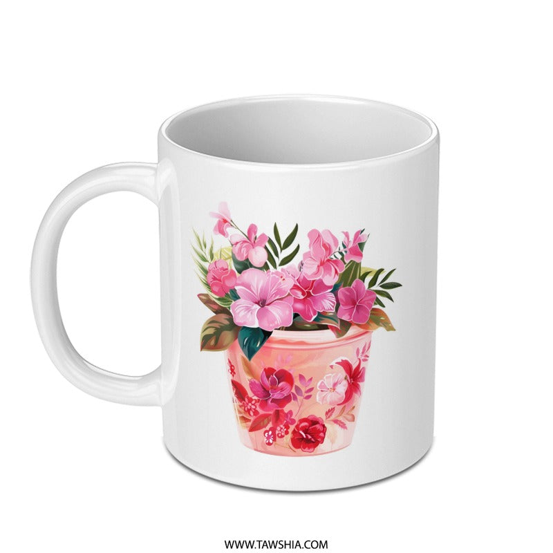 Floral Garden Mug, Flower Pot Design, Botanical Mug, Pink Flowers, Gift for Gardeners, Cute Coffee Mug, Tea Mug, Novelty Mug, Art Mug - Tawshia