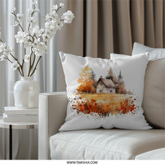 Watercolor Cabin Pillow, Autumn Landscape Throw Pillow, Rustic Home Decor Pillow, Country House Accent Pillow, Fall Foliage Cushion - Tawshia