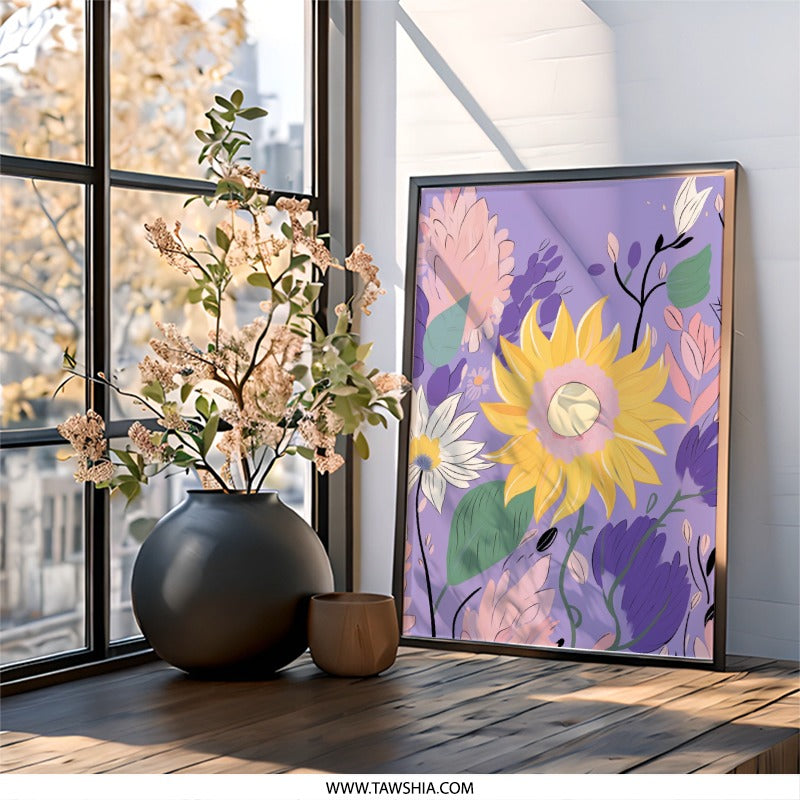 Sunflower Wall Art, Floral Illustration Print, Lavender Botanical Art, Nature Home Decor, Flower Artwork, Vibrant Wall Decor - Tawshia
