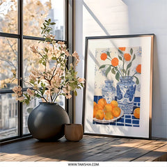 Orange Flower Vase Wall Art, Fruit Still Life Print, Blue and White Pottery Decor, Kitchen Wall Decor, Vibrant Home Decor - Tawshia
