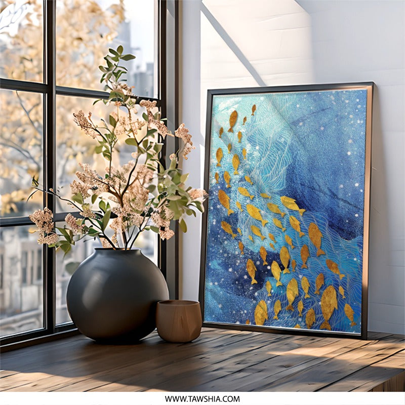 Golden Fish Wall Art, Ocean Decor, Modern Wall Decor, Coastal Wall Art, Nautical Art, Fish Print, Home Decor, Abstract Art - Tawshia