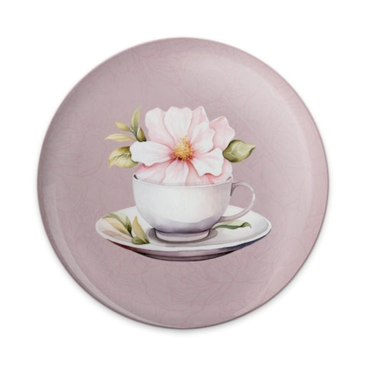 Floral Tea Cup Pinback Button, Pink Blossom Badge, Cute Flower Tea Party Gift, Botanical Accessories, Decorative Button, Pinback Button - Tawshia